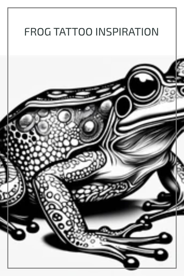 the frog tattoo is shown in black and white