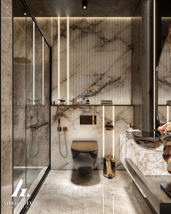 a modern bathroom with marble walls and flooring