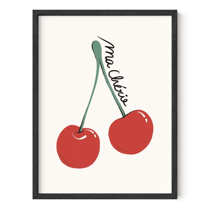 two cherries are hanging on a wall with the words love cake written above them