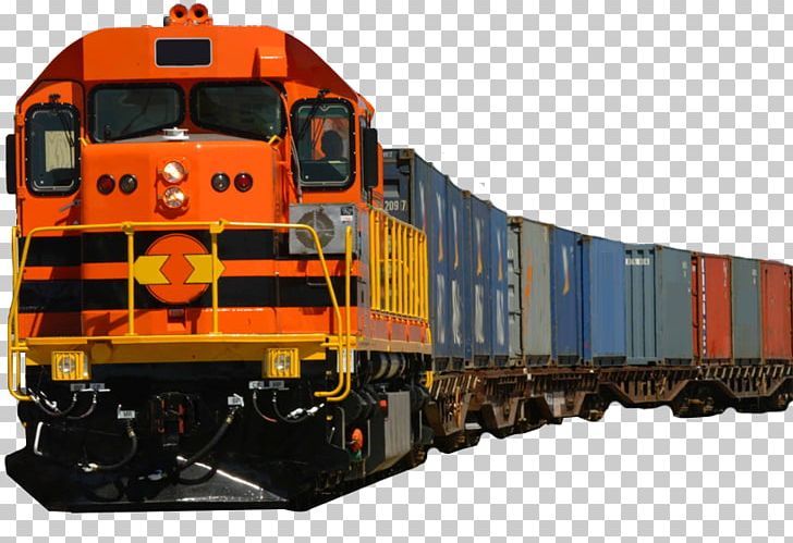 an orange and blue train is traveling down the tracks with its cargo cars behind it