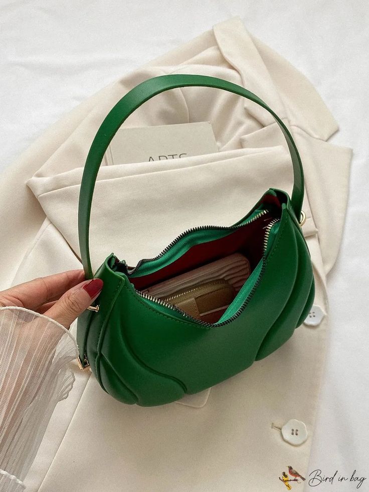 BirdinBag - Embossed Zipper Shoulder Bag - Sleek and Compact Design Handheld Shoulder Bag With Zipper Closure, Trendy Solid Shoulder Bag With Zipper Closure, Green Crossbody Hobo Bag With Zipper Closure, Chic Green Bag With Zipper Pocket, Handheld Shoulder Bag With Zipper Pocket For Errands, Solid Color Tote Baguette Bag With Zipper Closure, Solid Color Handheld Bags With Zipper Closure, Green Satchel Baguette Bag With Zipper, Solid Color Satchel Shoulder Bag With Zipper Closure