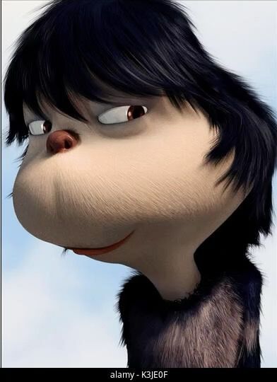 an animated character with black hair and big eyes looks up into the sky while staring at something