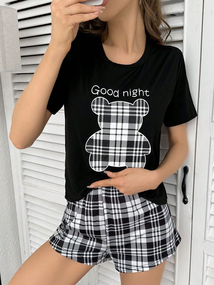 Black and White  Collar   Cartoon,Plaid Short Sets Embellished Medium Stretch All Women Sleep & Lounge Cotton Graphic Print Sleepwear For Pajama Party, Casual Graphic Print T-shirt For Pajama Party, Black Graphic Print Sleepwear For Loungewear, Black Graphic Print Short Sleeve Sleepwear, Black Short Sleeve Sleepwear With Graphic Print, Short Sleeve T-shirt With Letter Print For Pajama Party, Casual Black Sleepwear For Sleepovers, Short Sleeve Sleepwear With Graphic Print, Summer Black Sleepwear With Graphic Print