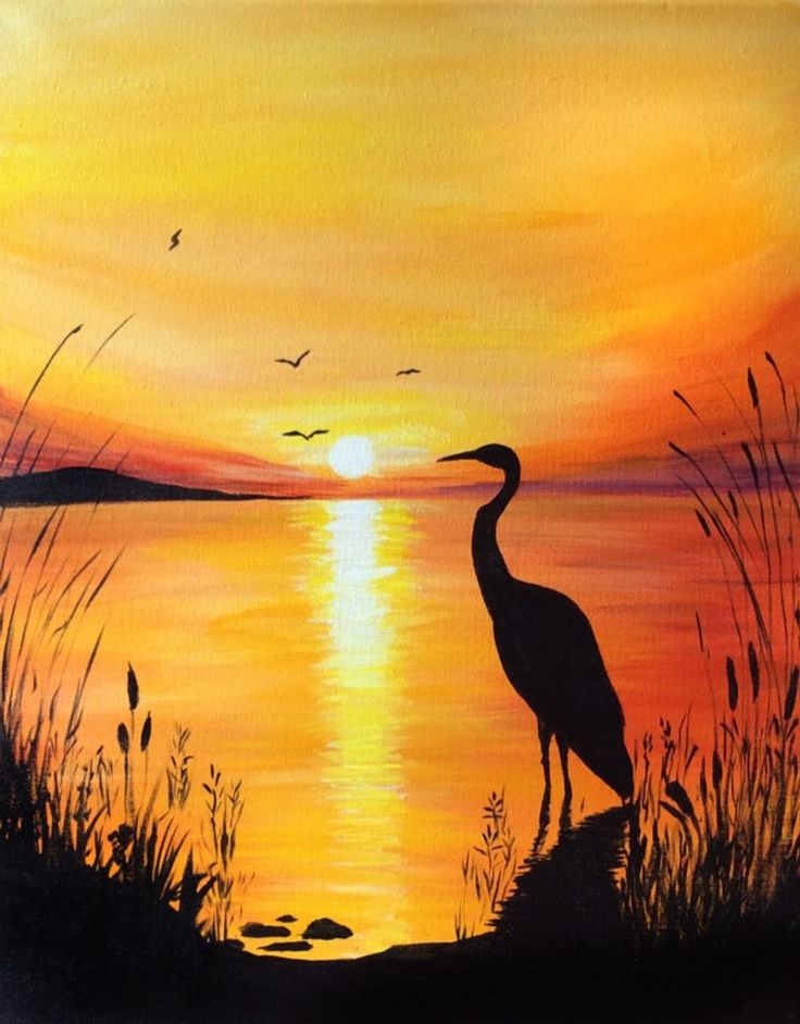 a painting of a bird standing on the shore at sunset