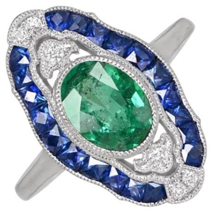 1.03ct Oval Cut Natural Emerald Cocktail Ring, Sapphire Halo, Platinum Emerald Cocktail Ring, Emerald Cocktail, Egyptian Style, Art Ring, Ring Sapphire, French Cut, Egyptian Jewelry, Egyptian Revival, Sapphire Stone