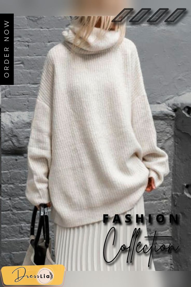 Plain Round Neck Knitted Casual Sweater Winter Relaxed Fit Sweater, Relaxed Fit Knitted Sweater For Winter, Chic Chunky Knit Sweater For Winter, Knitted Relaxed Fit Winter Sweater, Winter White Knitted Sweater For Winter, Oversized Beige Sweater For Winter, Oversized Beige Winter Sweater, Oversized Acrylic Sweater For Winter, Oversized Winter White Sweater For Cold Weather