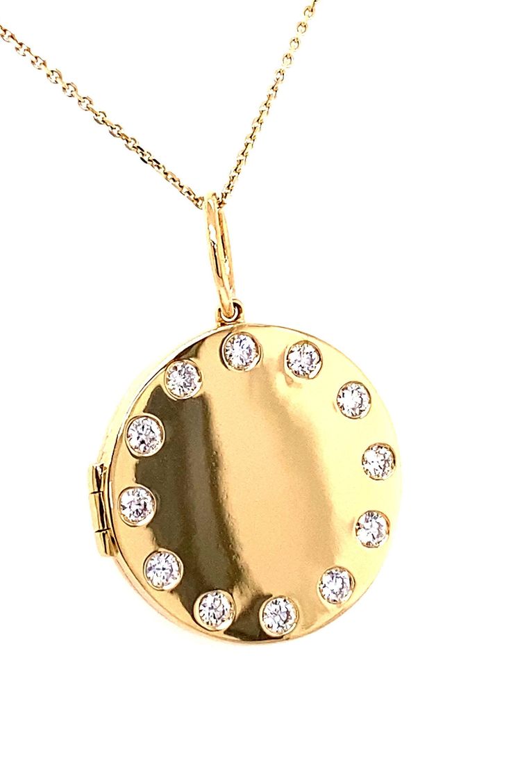 PRODUCT DESCRIPTION: 14k Gold Circle Locket Pendant Necklace With Diamond Border / Unique 14k Circle Disk Locket With Diamonds / Gold Diamond Locket Pendant * Gold Purity: Solid 14k Yellow Gold * Gold Weight: 5.9 Grams * Diamond Quantity: 12 Stones * Diamond Weight: .40 Carats * Diamond Quality: Natural Earth Mined White Diamonds * (G-H Color / VS Clarity Stones) * Charm Dimensions: - (20mm Height) x (20mm Width) x (3mm Depth) - (8mm Bale Loop) * Chain Details: *Solid 14k Gold Cable Chain With L Formal Yellow Gold Coin Jewelry, Gold Plated Yellow Gold Locket Jewelry, Fine Jewelry Gold Locket, Elegant Formal 14k Stamped Locket Necklace, 14k Gold Locket Jewelry, Gold Round Locket Necklace For Formal Occasions, Classic 14k Gold Locket Jewelry, Classic Gold Medallion Jewelry, Antique Diamond Cut Jewelry