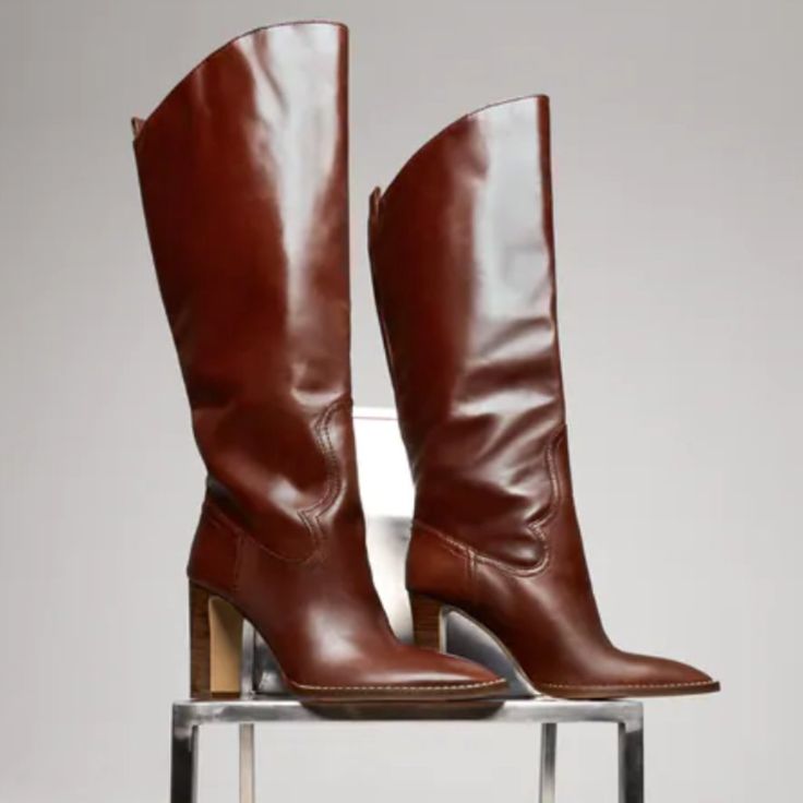 Nwt Zara Brown High Shaft Heeled Leather Boots, 8 Brand New Zara High Shaft Heeled Leather Boots In Brown, 8 Natural High Asymmetric Shaft W/ Leather Upper W/ Seamed Details, Wide Wood-Look Heel (~3.5in/8.8cm) & Back Pull Tab Increased Comfort W/ Airfit's Flexible Technical Sole 100% Cow Leather W/ 100% Goat Leather Insole, 100% Vulcanized Rubber Sole & Mixture Of Polyamide (60%), Cotton (30%), Polyester (5%) & Polyurethane (5%) Thanks For Looking!!! Leather Pointed Toe Heeled Boots For Office, Leather Knee-high Boots With Wide Calf And Snip Toe, Office Boots In Calf Leather With Branded Heel, Leather Knee-high Boots With Reinforced Heel For Work, Chic Fall Snip Toe Heels, Chic Snip Toe Heels For Fall, Elegant Boots With Stacked Heel And Snip Toe, Chic Snip Toe Heeled Boots In Faux Leather, Calf Leather Knee-high Boots With High Heel