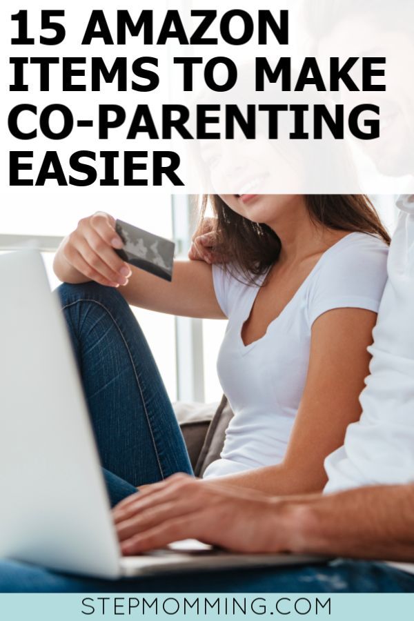 a man and woman sitting next to each other in front of a laptop with text overlay that reads 15 amazon items to make co - parenting easier