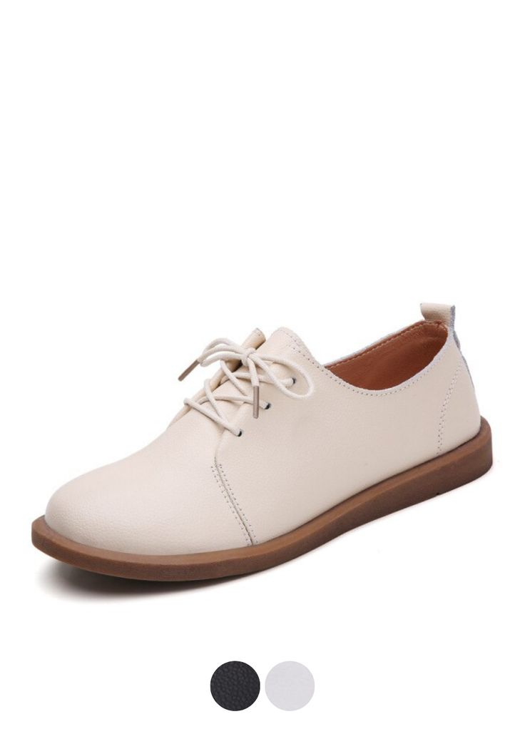 • Upper Material: Genuine Leather• Upper Leather Type: Cow Leather• Outsole Material: Rubber• Closure Type: Lace-up• Fit: Fits true to size, take your normal size• Season: spring/autumn• Toe shape: round toe• Import Product Casual Oxfords With Rubber Sole, Casual Oxford Lace-up Shoes With Leather Sole, Beige Leather Lace-up Shoes With Flat Heel, Spring Oxfords With Textured Sole, Spring Low-top Oxford Shoes, Casual Lace-up Shoes With Flat Heel For Derby, Casual Beige Oxfords With Rubber Sole, Casual Lace-up Oxford Shoes, Beige Oxfords With Stitched Sole And Round Toe