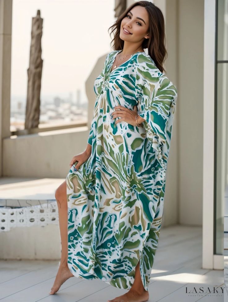 Lasaky - Premium Plus Size Womens Casual Cover Up Dress: Elegant Bat Sleeve V-Neck Dress with Random Print and Subtle Stretch Green Floral Print Summer V-neck Dress, Green V-neck Vacation Dress, Green V-neck Dress For Vacation, Green V-neck Maxi Dress For Beach Cover-up, Printed V-neck Dress For Beach Season, Green Printed V-neck Kaftan, Green V-neck Printed Kaftan, Green Long Sleeve V-neck Beach Dress, Green V-neck Beach Dress For Vacation