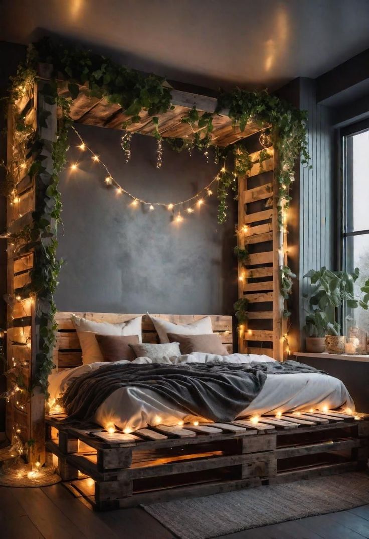 a bed made out of pallets with lights on the headboard and foot board