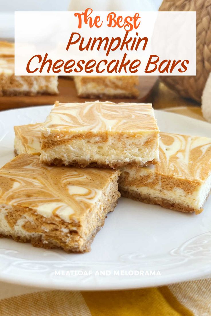 the best pumpkin cheesecake bars on a white plate with text overlay that reads, the best pumpkin cheesecake bars