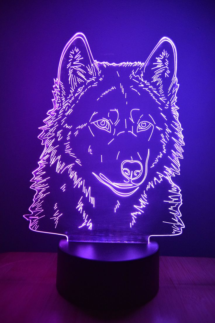 an illuminated wolf head is shown on a purple background, with the light turned on