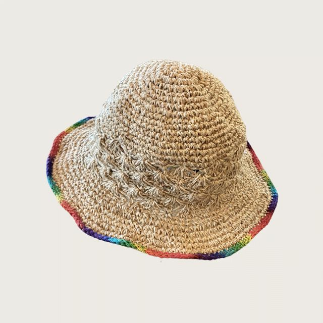 Hemp Crochet Sun Hat - Rainbow Our 100% handmade crocheted sun hats are made from pure hemp yarn from Nepal. Perfect for summer...at the beach, pool, festival or just hanging around. They come in one size which fits most! As with many 100% hemp products they maybe slightly stiff, but soften and stretch over time. Features: 100% Hemp hat and handmade in Nepal It has wire in the rim means you can shape the hat however you desire and flat pack it for easy storage or travel. One size which fit most Bohemian Adjustable Crochet Hat With Crochet Trim, Bohemian Crochet Hat With Curved Brim For Warm Weather, Vacation Crochet Hat With Short Brim, Bohemian Adjustable Crochet Hat For Warm Weather, Adjustable Bohemian Crochet Hat, Curved Brim Crochet Cotton Hat For Vacation, Adjustable Bohemian Crochet Hat With Crochet Trim, Adjustable Natural Crochet Hat For Warm Weather, Adjustable Bohemian Crochet Hat For Warm Weather