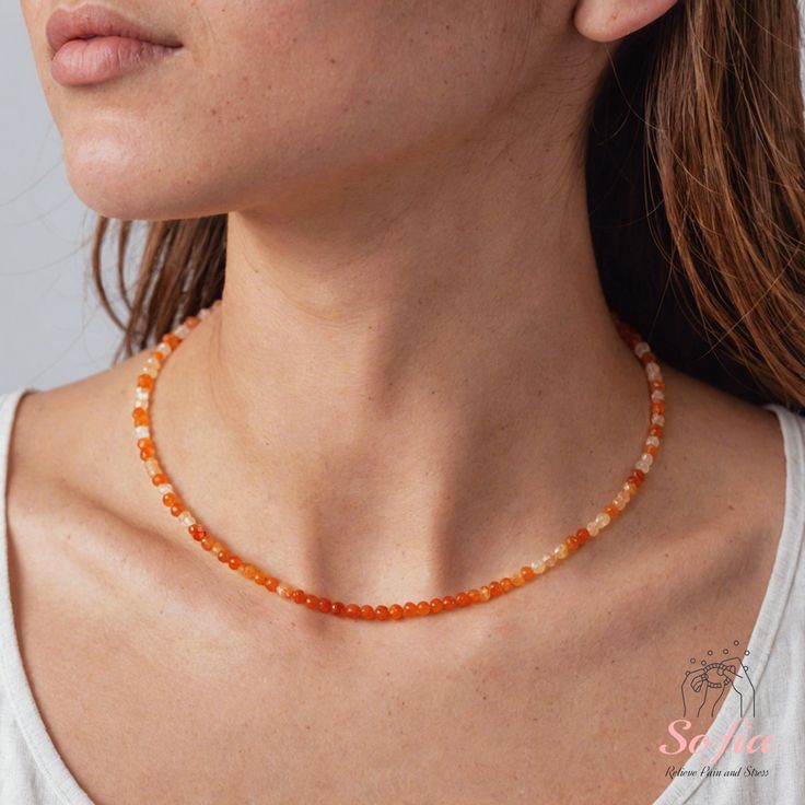 This carnelian dainty choker is fun and easy to wear and match with any outfit. They can express your style, mood, or personality in a subtle and charming way. It is perfect for anyone who loves minimalist style, natural stones. It is a unique and meaningful gift for yourself or someone special. You can wear it by itself or mix it with other necklaces for a fun and trendy look. If you have a large demand of the stone beads or necklace, please feel free to contact us for details. - Material : abo Spiritual Orange Beaded Necklace, Adjustable Agate Crystal Necklace, Amber Crystal Necklace With Gemstone Beads, Orange Carnelian Beaded Necklace For Gift, Orange Choker Necklace For Gift, Handmade Orange Beaded Casual Necklace, Casual Orange Beaded Necklaces For Gifts, Orange Beaded Necklaces With Natural Stones For Gift, Adjustable Orange Necklaces With Natural Stones