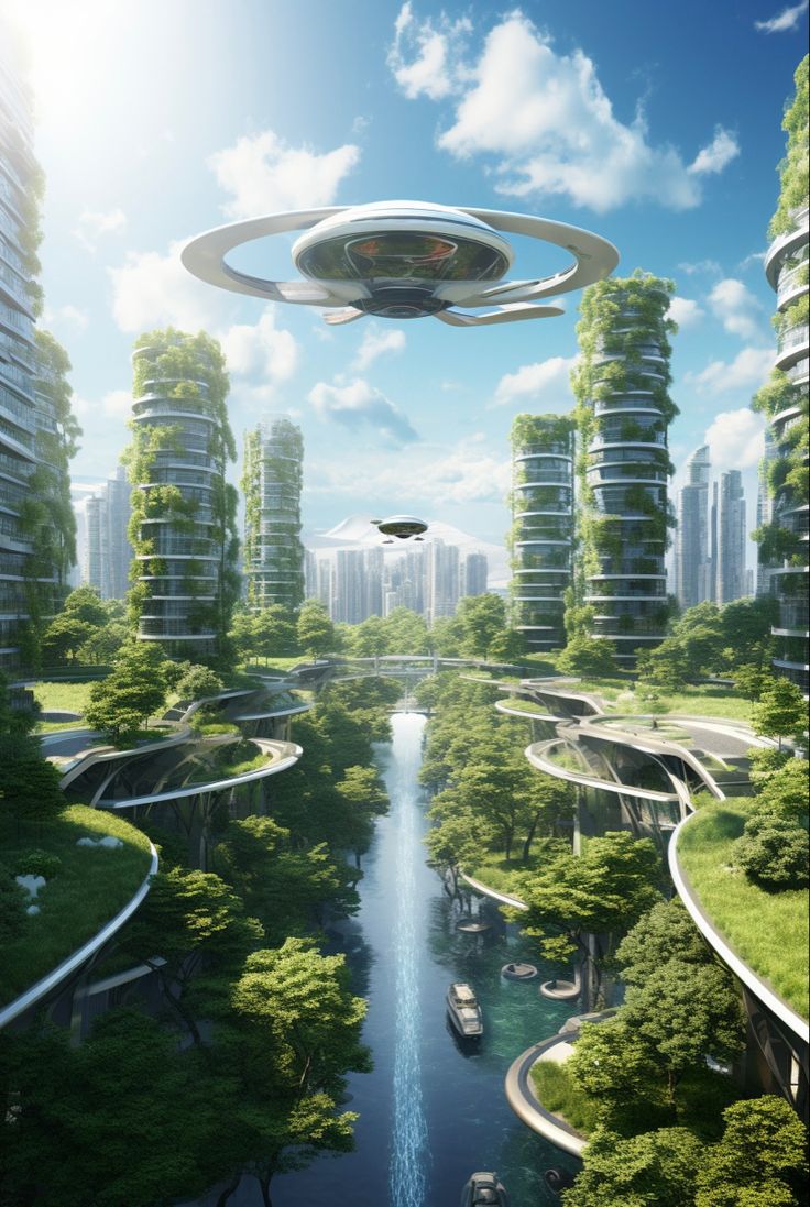 an alien city is surrounded by trees and floating water in the air, with futuristic skyscrapers on either side