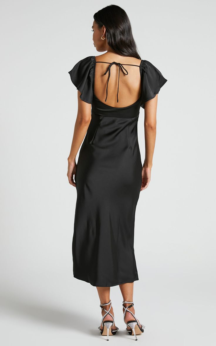 Emberlynn Midi Dress - Flutter Sleeve Cut Out Satin Dress in Black Tie-back Midi Dress For Night Out, Elegant Midi Dress With Flutter Sleeves For Date Night, Sleek Midi Dress For Brunch, Sleek Midi Length Dress For Brunch, Satin Midi Dress With Ruched Back, Satin Dresses With Cutout Back, Elegant Midi Dress With Cutout Back For Date Night, Chic Cutout Back Midi Dress For Evening, Chic Midi Dress With Cutout Back For Evening