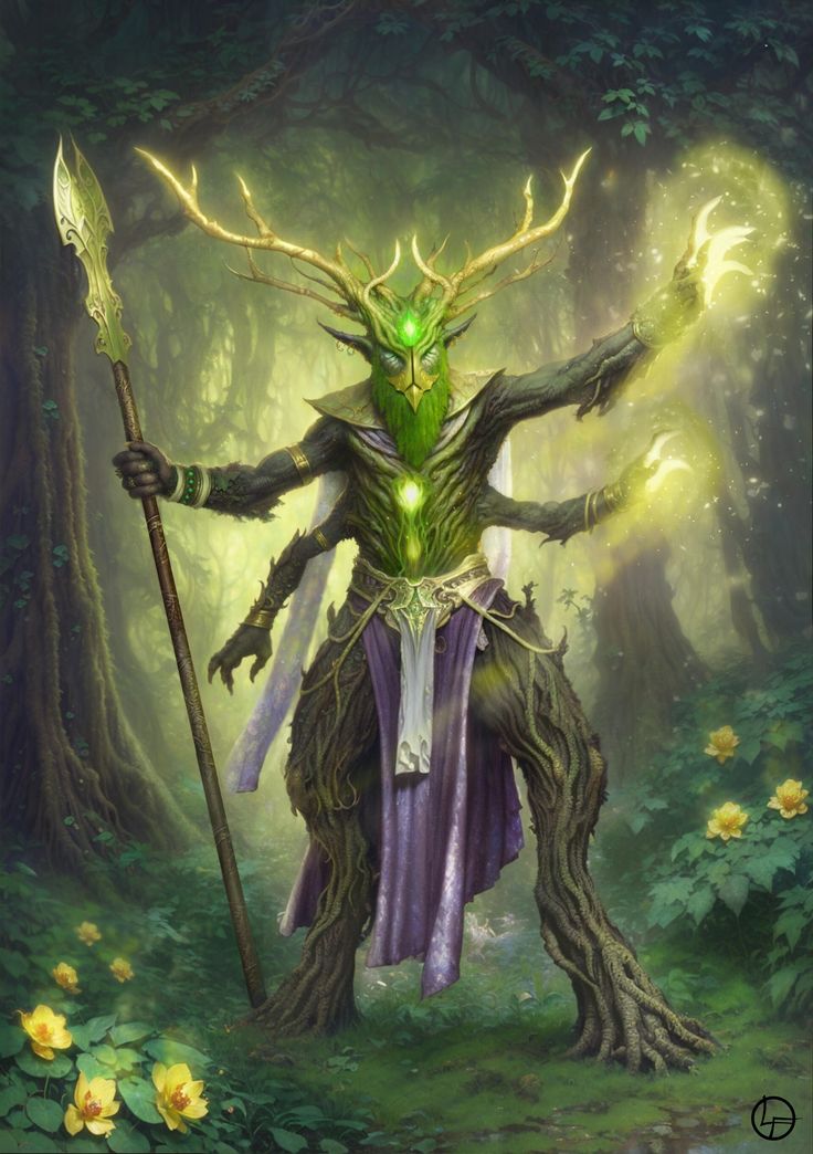 an illustration of a green man in the woods holding a staff and wearing a horned costume