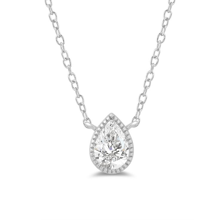 This solitaire necklace gives your daily outfits a subtle shine and style boost. The white gold necklace chain holds a cool white gold bezel in a teardrop shape adorned with quadrilateral cut-outs on the side. It holds teardrop-shaped diamond framed with delicate and dainty milgrain detailing. Timeless Teardrop Necklace With Brilliant Cut, Timeless Teardrop Necklace For Anniversary, White Gold Solitaire Necklace With Briolette Diamond Cut, Timeless Silver Pear-shaped Necklace, Classic Teardrop Pendant Drop Necklace With Brilliant Cut, Classic Teardrop Drop Necklace With Diamond Accents, Classic White Gold Teardrop Necklace, Formal Briolette Necklace With Bezel Setting, Timeless White Pear-shaped Necklace