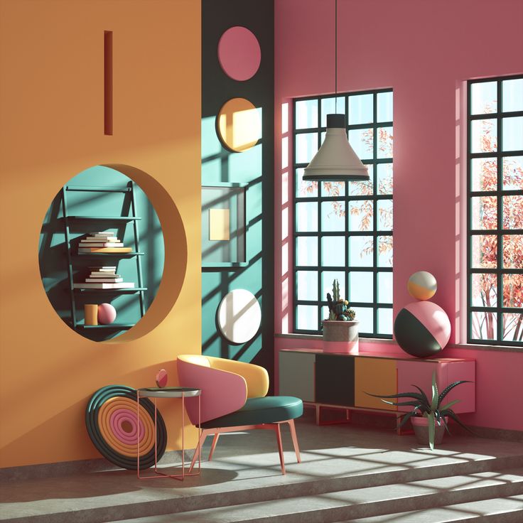 a living room with pink, yellow and black furniture in the corner next to large windows