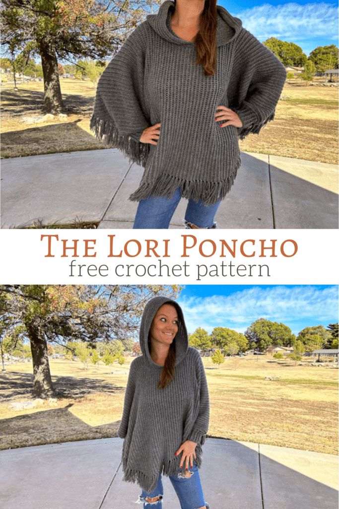 the lori poncho free crochet pattern is shown in two different styles