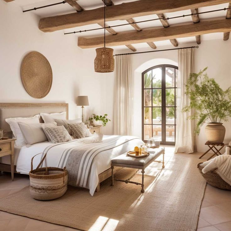 a bedroom with white walls and wooden beams