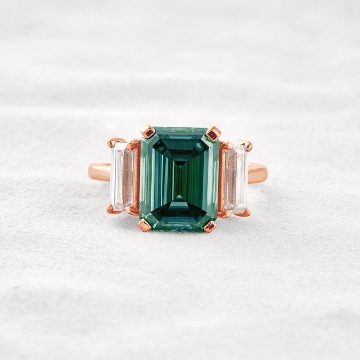 6.2 CT Dark Green Emerald Cut 3 Stones Moissanite Diamond Engagement Ring In Rose Gold Emerald Cut Diamond Ring, Three Stone Diamond Ring, Emerald Cut Moissanite, Emerald Cut Rings, Three Stone Diamond, Emerald Engagement Ring Cut, Etsy Wedding Rings, Diamond Anniversary Rings, Step Cut