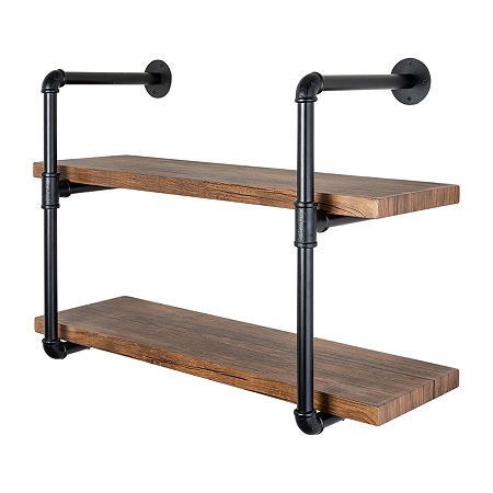 two wooden shelves with black metal pipes on each side and one shelf is made out of wood