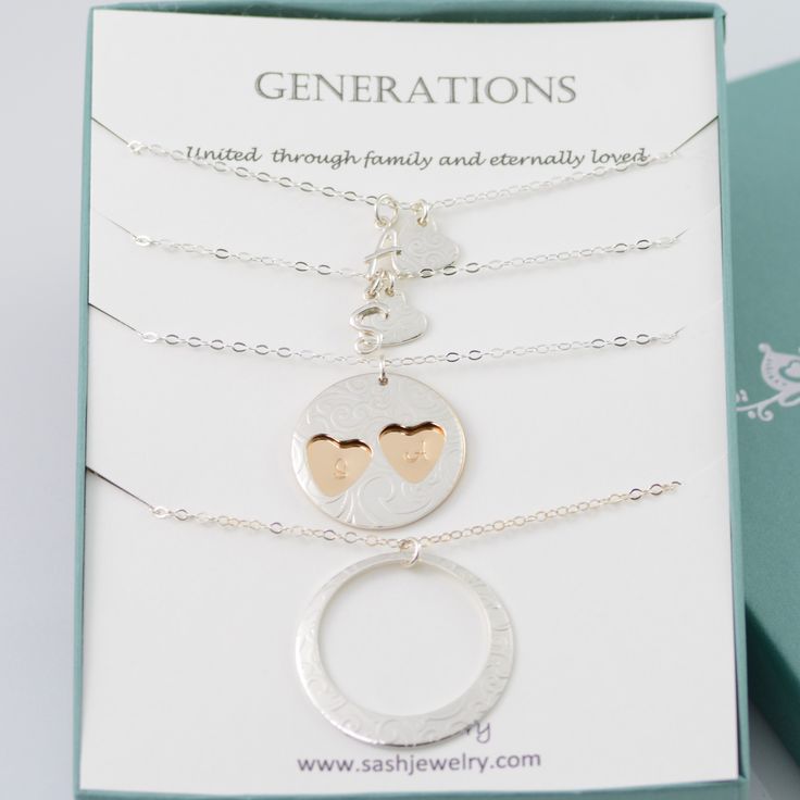 "Generations necklace set. Three generations gift. Grandmother Mother two Daughters necklace set. Mother's Day gift This necklace set is for grandmother, mother and 2 daughters. The daughter's heart is cut-out randomly from the mother disc. Mother's pendant is cut-out from the grandmother pendant. You can decide if the back disc on mom's necklace will be rose gold filled or gold filled for high contrast or sterling silver for a softer look. The necklaces will arrive in a nice gift box tied with Anniversary Gift Jewelry With Hallmark, Adjustable Jewelry For Anniversary And Mother's Day, Adjustable Jewelry For Mother's Day Anniversary, Hallmark Round Pendant Jewelry For Anniversary, Charm Necklaces With Round Pendant For Mom, Personalized Charm Necklace As Gift For Mom, Nickel Free Necklaces For Mother's Day, Sterling Silver Charm Necklace For Anniversary, Anniversary Hallmark Charm Necklace For Mother's Day