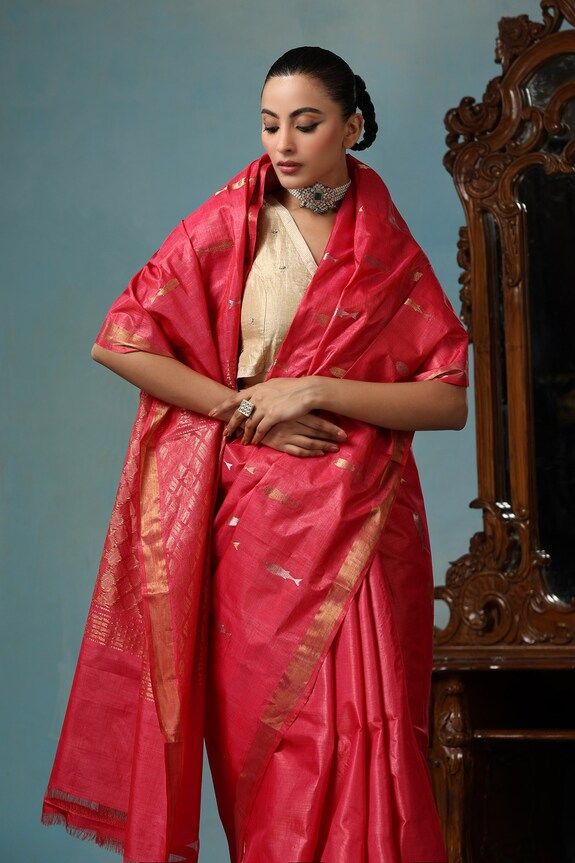 Georgia peach handwoven saree crafted in kosa silk featuring fish motif all over. Comes with a running blouse piece. - Aza Fashions Peach Saree, Fish Motif, Handloom Saree, Sarees Online, Blouse Piece, Aza Fashion, Orchids, Georgia, Custom Made