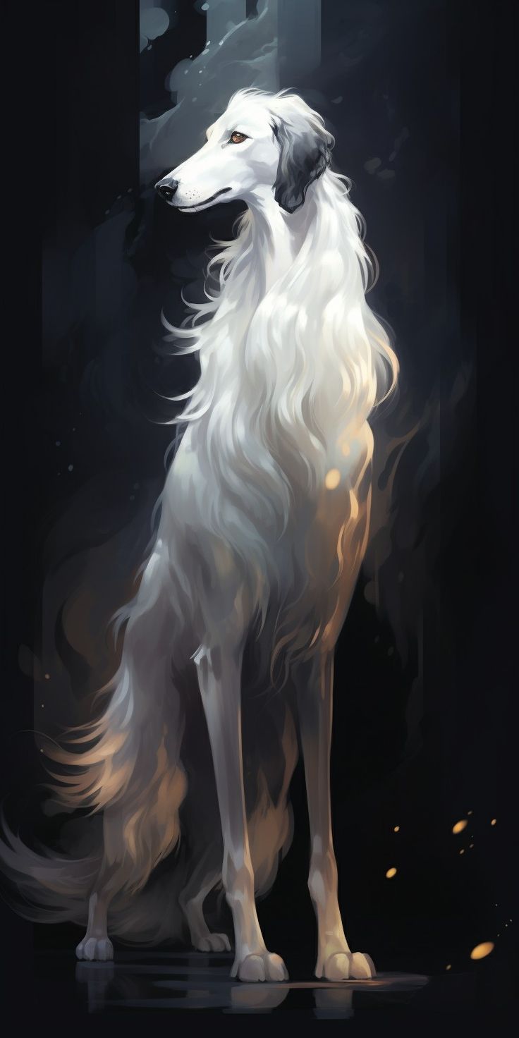 a white dog with long hair sitting in the dark