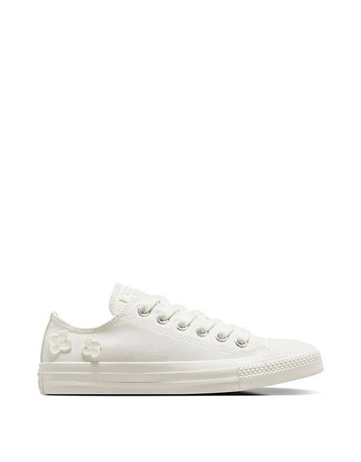 Converse Chuck Taylor All Star sneakers with flower embroidery in white | ASOS Textile Sneakers With White Laces And Round Toe, White Textile Sneakers With Perforated Toe Box, White Lace-up Canvas Shoes With Perforated Toe Box, Spring Lace-up Sneakers With Embroidered Logo, White Converse Sneakers For Spring, White Textile Sneakers For Spring, White Converse Canvas Shoes, Low-top Textile Sneakers With White Laces, Textile Low-top Sneakers With White Laces