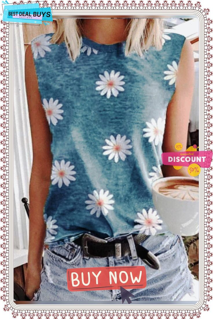 Sleeveless T-shirt with Daisy Print Round Neck Stretch Sleeveless T-shirt With Graphic Print, Casual Sleeveless Summer T-shirt, Casual Sleeveless Graphic Print T-shirt, Trendy Tank T-shirt For Spring, Casual Sleeveless T-shirt With Graphic Print, Summer Graphic Print Crew Neck Tank Top, Graphic Print Crew Neck Tank Top For Summer, Trendy Summer Tank T-shirt, Printed Sleeveless Casual Tank Top