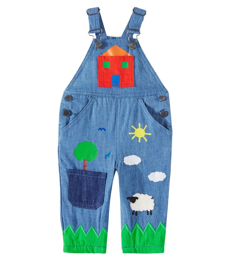 Baby printed denim overalls in blue - Stella Mc Cartney Kids | Mytheresa Spring Cotton Shortalls With Bib Front, Cotton Shortalls Overall For Spring, Spring Cotton Overall Shortalls, Playful Cotton Jeans For Spring, Playful Spring Cotton Jeans, Spring Cotton Shortalls In Medium Wash, Cotton Overalls For Spring, Cotton Spring Overalls, Spring Medium Wash Cotton Shortalls