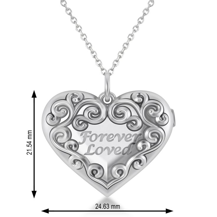 Style Number - AZ17885
Show your significant other your love with this beautiful locket that will go straight to her heart with the enscripture Forever Loved written into its 14k white gold setting.This picture locket opens to reveal two photo holders to securely hold images of the things you hold most dear and comes with your choice of a matching gold 16 or 18 chain. The back of this locket can be engraved with the text of your choosing. Personalized Open Heart Locket Necklace For Anniversary, Hallmarked Locket Necklace For Valentine's Day Wedding, Elegant Locket Necklace For Mother's Day Memorial, Hallmarked Locket Necklace For Wedding On Valentine's Day, Mother's Day White Gold Locket Necklace Keepsake, Engraved Double Heart Locket Necklace In White Gold, Elegant Locket Necklace For Anniversary With Hallmark, Sterling Silver Open Heart Locket Necklace For Memorial, White Gold Heart Pendant Locket For Keepsake