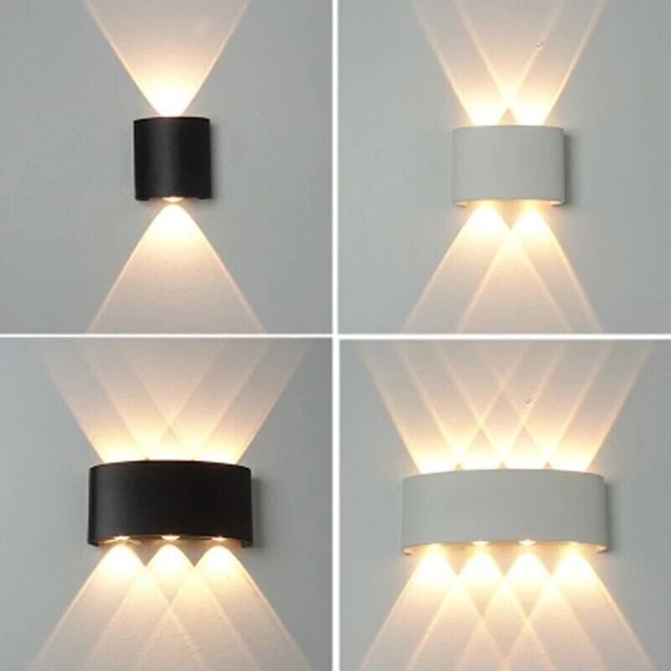 four different angles of a wall light with three lights on each side and one in the middle