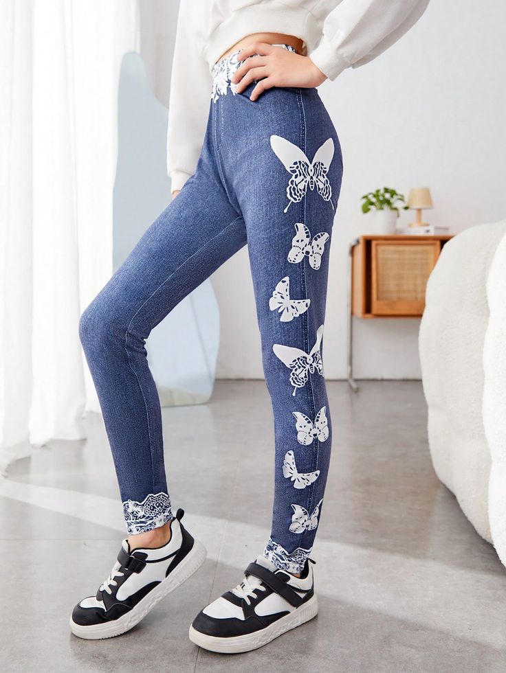 Tween Girl Knitted Leggings With Butterfly Pattern Blue    Knitted Fabric Butterfly Regular Slight Stretch  Tween Girls Clothing, size features are:Bust: ,Length: ,Sleeve Length: Knitted Leggings, Moda Denim, Fabric Butterfly, Styles P, Knit Leggings, Knitting Girls, Girls Leggings, Butterfly Pattern, Girls Clothing