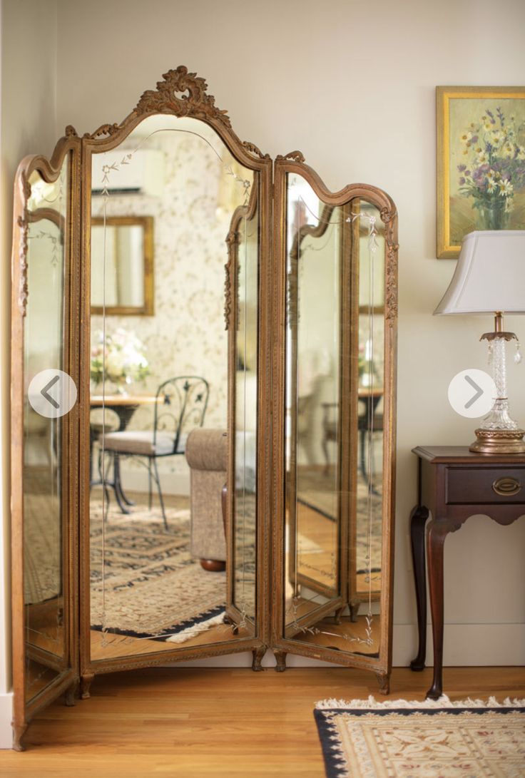 an ornately decorated room divider with mirrors