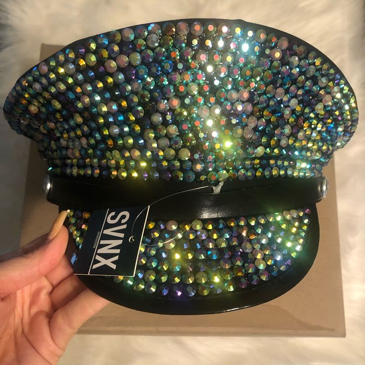 Nwt! Sparkle Rhinestone Festival Captain Hat! Circumference Of Hat Is About 22 Inches. Fitted Rhinestone Hats For Festivals, Brimmed Party Hats With Rhinestones, Embellished Party Cap, Rhinestone Party Hat, Adjustable Party Hats With Rhinestones, Party Embellished Adjustable Hat, Adjustable Party Hat With Bling, Colorful Animal Print, Chanel Hat