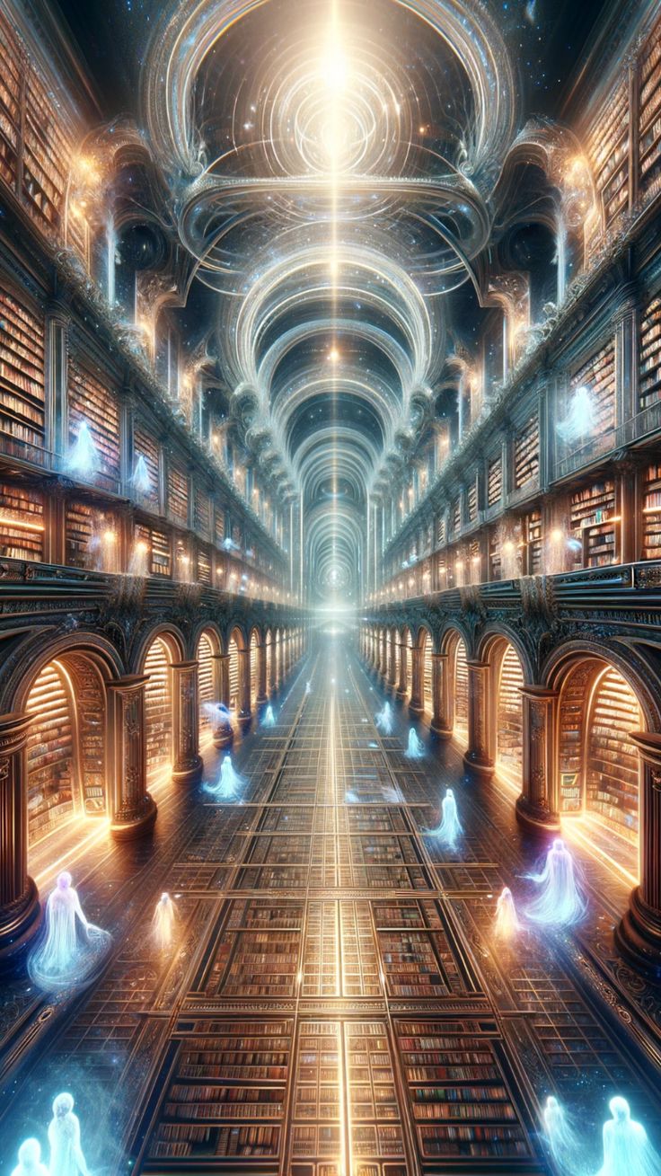 an image of a library with many books on the shelves and lights in the ceiling