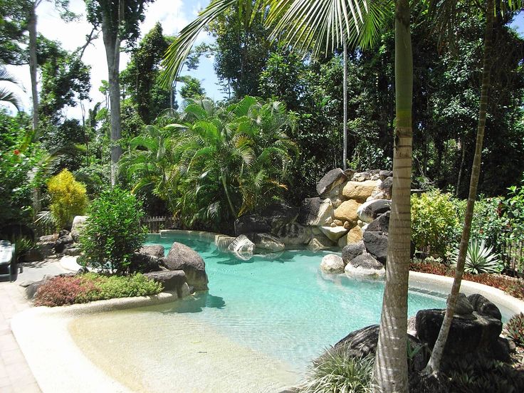 an outdoor pool surrounded by palm trees and rocks in the middle of a tropical garden