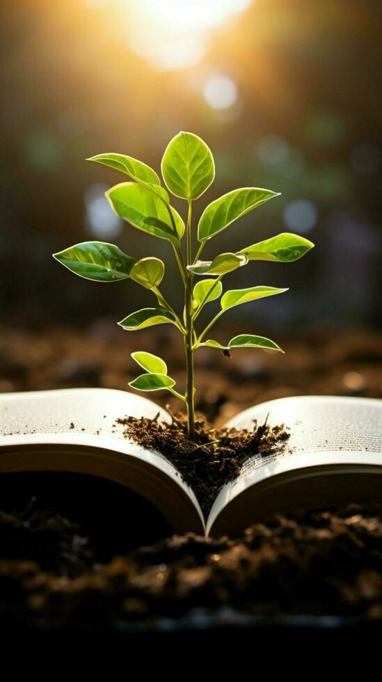 an open book with a small plant growing out of it's pages in the dirt