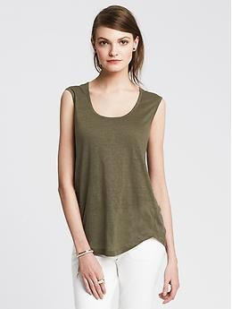 Linen Scoopneck Tank Casual Scoop Back Tank Top For Spring, Casual Scoop Back Tank Top For Summer, Casual Linen Tank Top For Everyday, Casual Everyday Linen Tank Top, Summer Scoop Neck Tank Top For Layering, Chic Summer Tank Top With Scoop Back, Summer Chic Crew Neck Tank Top, Chic Crew Neck Tank Top For Summer, Chic Scoop Neck Tank Top For Layering