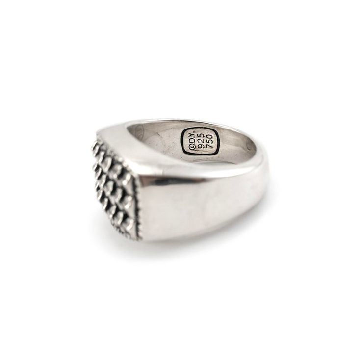 Brand: David Yurman  Gender: Unisex  Metal Type: 18K Yellow Gold & 925 Sterling Silver  Size: 9.50  Width: 16.00 mm tapering to 6.00 mm  Weight: 20.70 Grams  Men's designer made textured & polished silver and 18K yellow gold, cocktail ring with a tapered, comfort-fit shank. The metals were tested and determined to be 925 (STERLING) silver and 18 Karat yellow gold. Engraved with "750" and "925". The "David Yurman" trademark (or hallmark) can also be found on the item.   Pre-owned in excellent Luxury Silver Dome Ring, Tarnish Resistant, Silver Tarnish-resistant Dome Ring For Formal Occasions, Formal Silver Tarnish-resistant Dome Ring, Modern Formal Signet Ring Stamped 925, Classic 925 Stamped Silver Rings For Formal Occasions, Classic Formal Rings Stamped 925, Formal Rectangular Ring Stamped 925, Silver Hallmarked Snake Ring For Formal Occasions, Silver Hallmarked Snake Ring For Formal Events