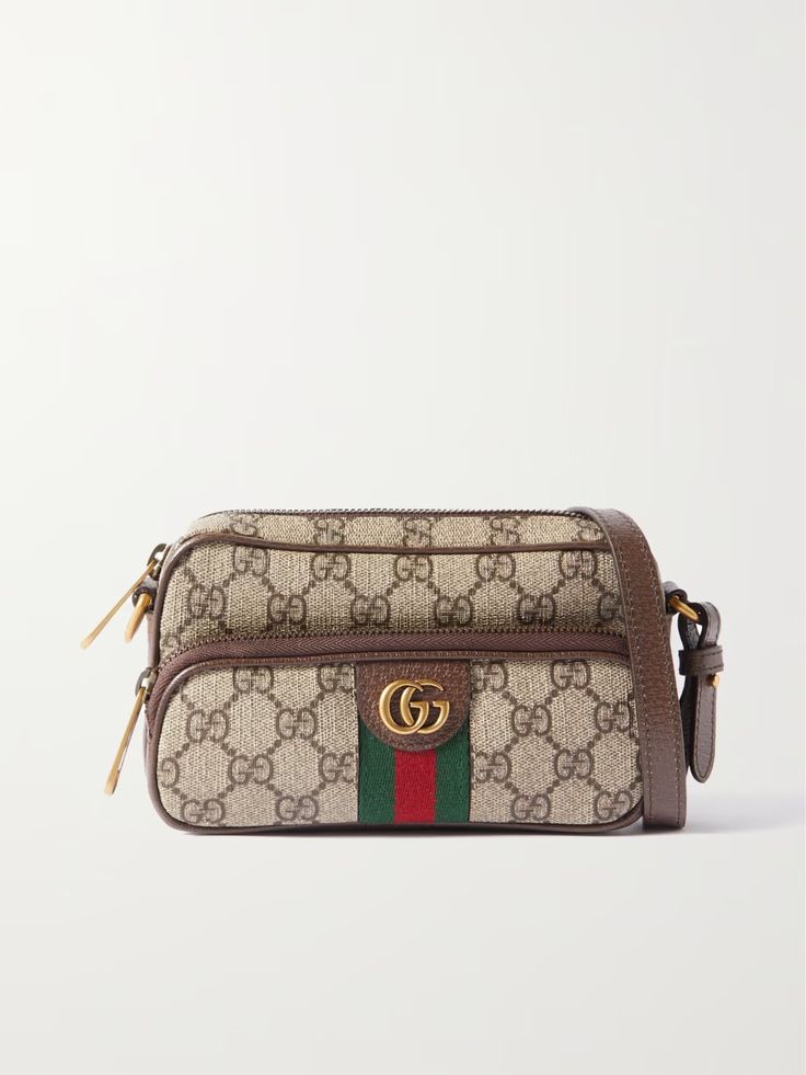 GUCCI Ophidia mini leather-trimmed printed coated-canvas shoulder bag | NET-A-PORTER Gucci Ophidia Small Shoulder Bag, Gucci Shoulder Bag With Leather Trim, Luxury Gucci Shoulder Bag With Leather Trim, Ophidia Gg Small Shoulder Bag, Pre-owned Luxury Gucci Shoulder Bag, Gucci Mini, Gucci Ophidia, Print Coat, Brown Coat