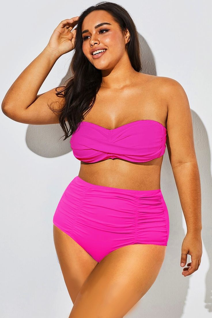 Pink Twist Front Ruched Bandeau Bikini Top Strapless Ruched Swimwear For Beach Season, Strapless Ruched Swimwear For Swimming, Strapless Ruched Swimwear For Beachwear, Strapless Ruched Swimwear For Poolside, Bandeau Ruched Tankini For Poolside, Ruched Bandeau Swimwear For Beach Season, Strapless Ruched Tankini For Beach, Poolside Bandeau Ruched Tankini, Bandeau Ruched Swimwear For Swimming