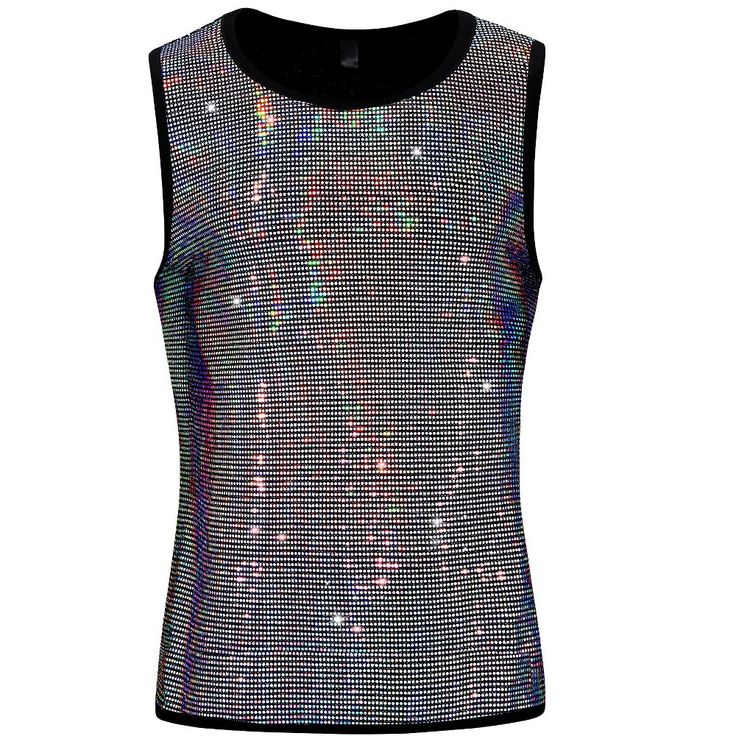 This shiny sleeveless shirt has a sequin pattern, crew neck, glitter design, and shiny party metallic tank tops. The glitter sequin metallic tank tops can make your outfit more trendy and eye-catching. You can pair the sequin tank tops with slim trousers, mesh t-shirts, and leather sneakers for fashion shows, parties, and summer celebrations. Fitted Silver Tank Top For Summer, Silver Sleeveless Tank Top For Club, Metallic Sequined Tops For Summer, Silver Tank Top For Party, Shiny Sleeveless Club Tops, Shiny Sleeveless Top For Club, Disco Style Tank Top For Night Out, Disco Style Sleeveless Tank Top For Summer, Metallic Sleeveless Tank Top For Party Season