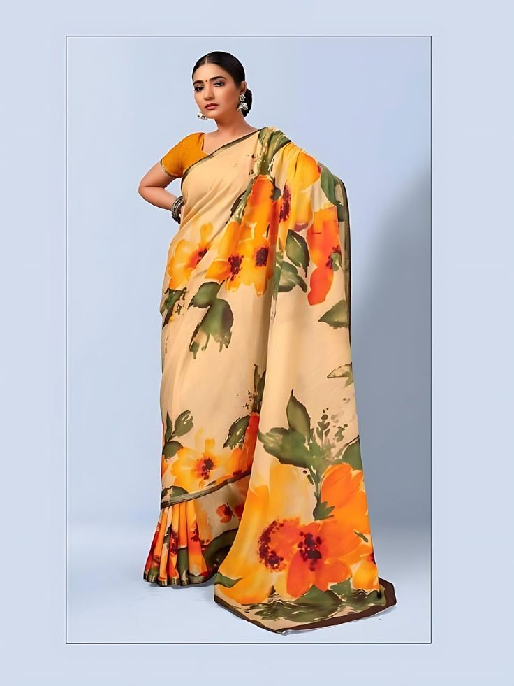 Devika Cotton Silk Printed Saree. Soft easy to wear high quality cotton silk fabric Comes with unstitch blouse fabric Unleash your inner style with the Devika Saree! Made from Devika cotton silk with a stunning print, this saree is perfect for any occasion. Unstitched Georgette Digital Prints For Diwali, Festive Floral Print Georgette Digital Prints, Festive Floral Print Digital Prints On Georgette, Multicolor Cotton Pre-draped Saree With Unstitched Blouse, Semi-stitched Yellow Saree With Printed Border, Semi-stitched Yellow Blouse Piece With Printed Border, Yellow Semi-stitched Blouse Piece With Printed Border, Yellow Semi-stitched Saree With Printed Border, Multicolor Floral Print On Georgette Fabric