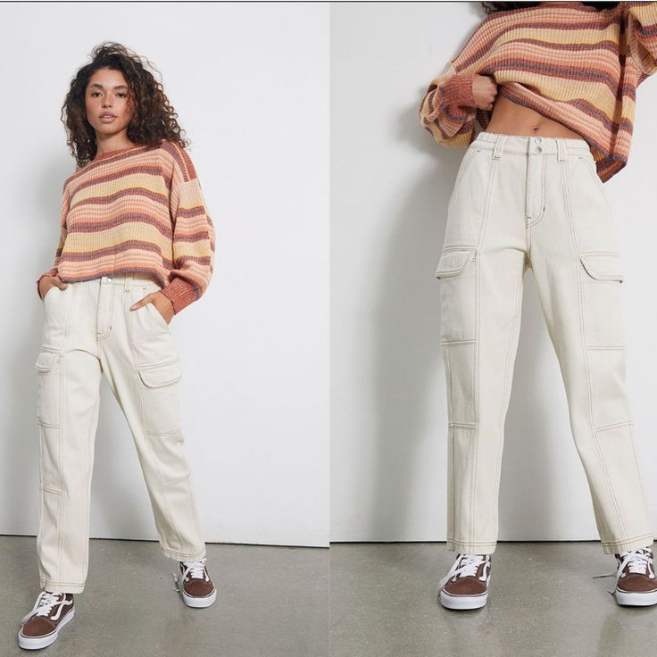 New With Tags! Pacsun Elastic Waist Cargo Pants Brand Name: Pacsun Style Name: Utility Cargo Pants Item Type: Cargo Pants Comfortable, High-Rise Pants Feature Cargo Side Pockets, Elastic Back Waistband, Contrast Stitching, And A Relaxed Fit. Fit & Sizing: Xs 28" Inseam Rigid Fabric High-Rise Color: Bone/ White With Brown Stitching Condition: Nwt Size Guide From Pacsun: Https://Www.Pacsun.Com/Sizechart-Womens-Jeans.Html Pacsun Sweatpants, Cream Cargo Pants Outfit, Pacsun Mom Jeans, Utility Cargo Pants, Waist Cargo Pants, Cream Cargo Pants, Pacsun Pants, Gingham Pants, Color Bone